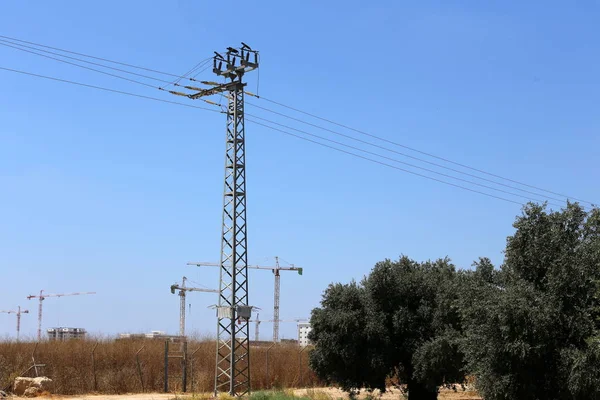 Fios Elétricos Pólo Longo Qual Eletricidade Flui Norte Israel — Fotografia de Stock
