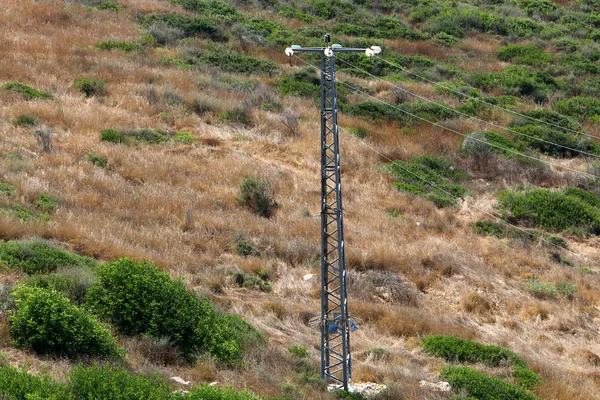 Cables Eléctricos Poste Largo Del Cual Fluye Electricidad Norte Israel — Foto de Stock