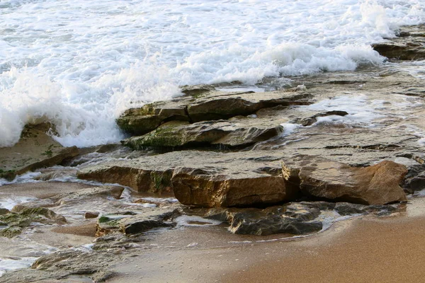 イスラエルの地中海の海岸の山の石と岩の質感と色 — ストック写真