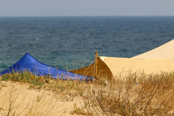 Tente Camping Sur Les Rives Mer Méditerranée Dans Nord Israël — Photo