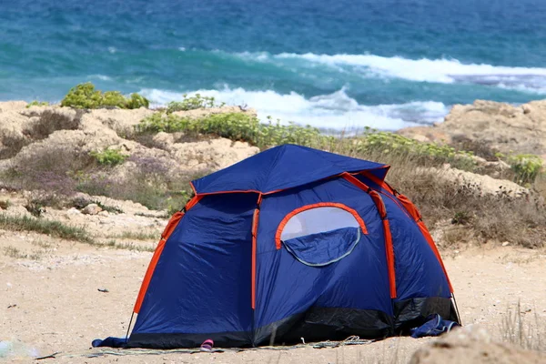 Camping Tält Vid Medelhavets Strand Norra Israel — Stockfoto