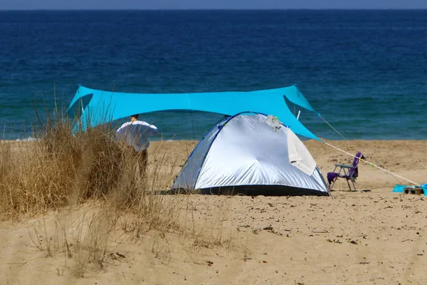 Tente Camping Sur Les Rives Mer Méditerranée Dans Nord Israël — Photo