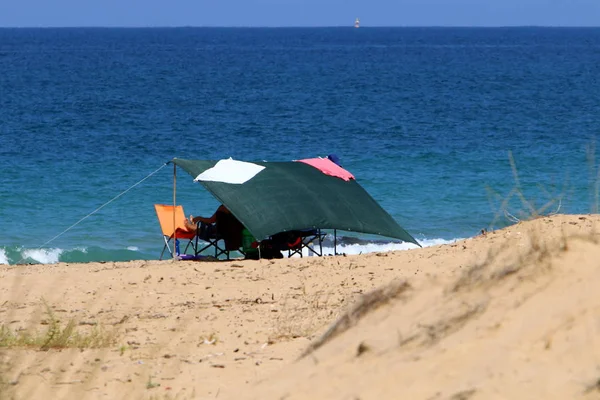Tente Camping Sur Les Rives Mer Méditerranée Dans Nord Israël — Photo
