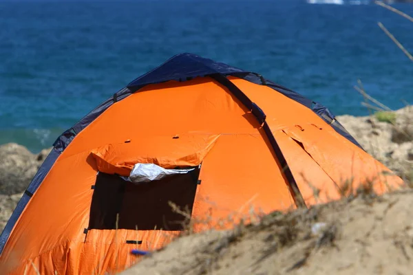 Tente Camping Sur Les Rives Mer Méditerranée Dans Nord Israël — Photo