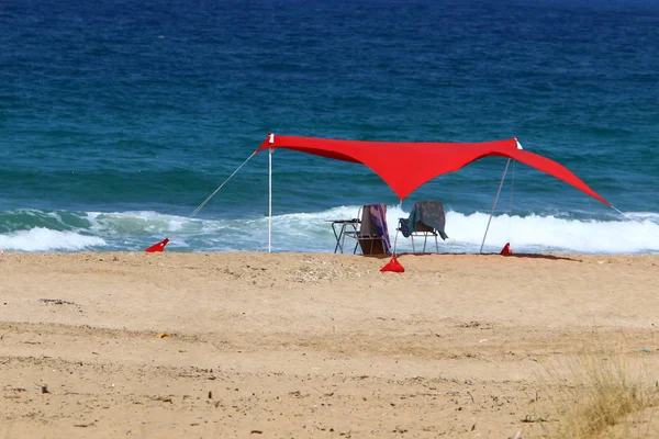 Tente Camping Sur Les Rives Mer Méditerranée Dans Nord Israël — Photo