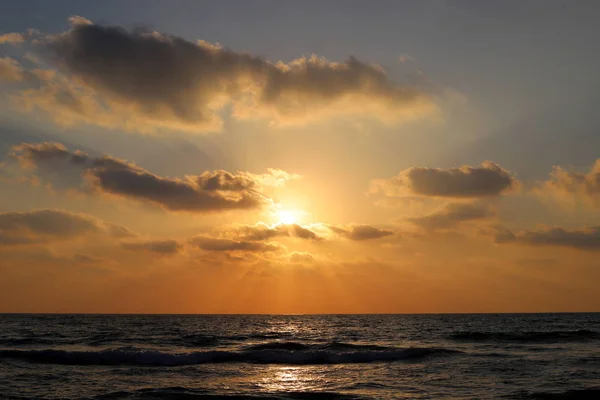 Sun Sets Horizon Mediterranean Sea Northern Israel Day Ends Night — Stock Photo, Image