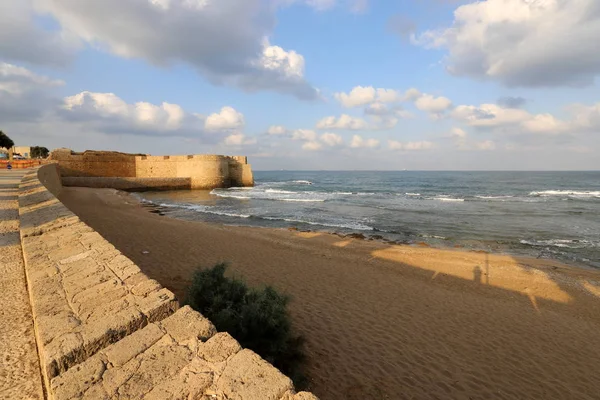Kamenná Zeď Starověké Pevnosti Městě Acre Březích Středozemního Moře Severu — Stock fotografie