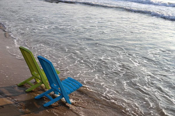 Une Chaise Dresse Sur Les Rives Mer Méditerranée Nord Israël — Photo