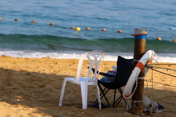 Une Chaise Dresse Sur Les Rives Mer Méditerranée Nord Israël — Photo