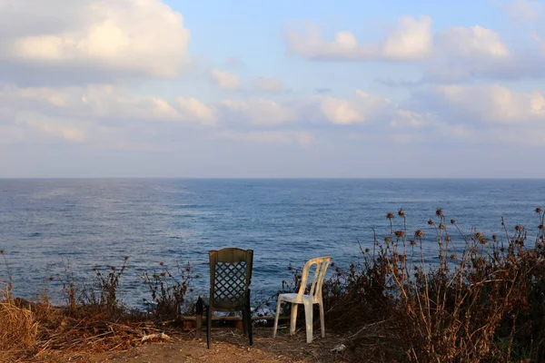 Une Chaise Dresse Sur Les Rives Mer Méditerranée Nord Israël — Photo