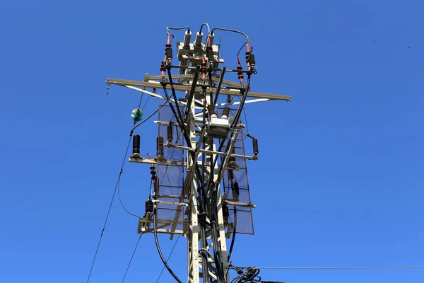 在以色列北部携带电流的电线杆和电线 — 图库照片