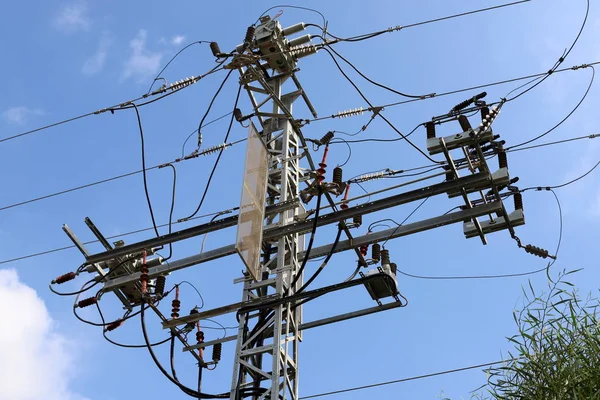 Pólo Elétrico Fios Que Transportam Corrente Norte Israel — Fotografia de Stock