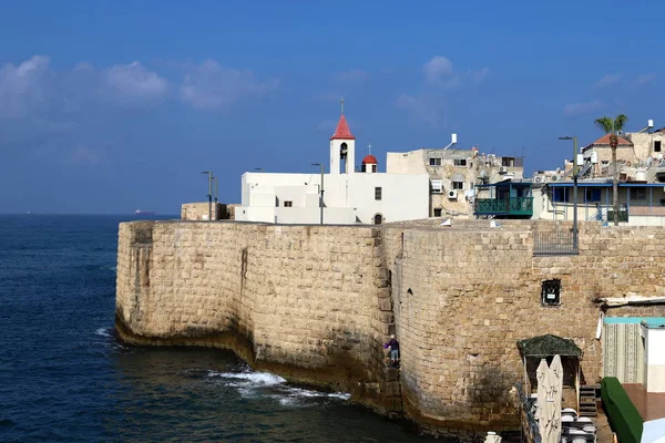 Starověká Křižácká Pevnost Městě Acre Březích Středozemního Moře Severu Izraele — Stock fotografie