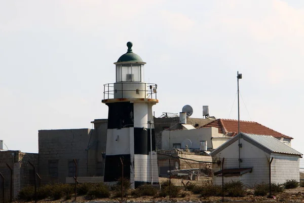 Lighthouse Shores Mediterranean Sea Old City Acre North Israel — Stock Photo, Image