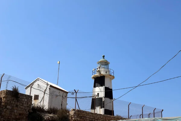 Faro Orillas Del Mar Mediterráneo Antigua Ciudad Acre Norte Israel — Foto de Stock