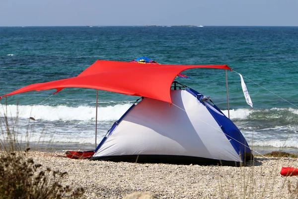 Tente Camping Sur Côte Déserte Mer Méditerranée Dans Nord Israël — Photo