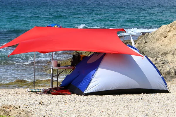 Camping Tent Deserted Coast Mediterranean Sea North Israel — Stock Photo, Image