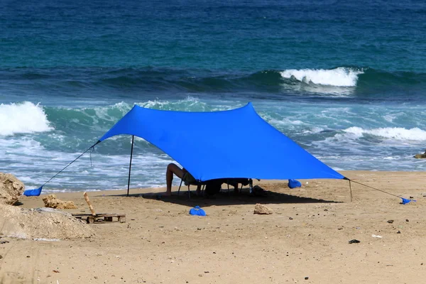 Tente Camping Sur Côte Déserte Mer Méditerranée Dans Nord Israël — Photo