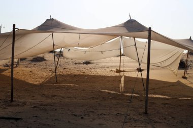 İsrail'in kuzeyinde Akdeniz'in ıssız kıyısında kamp çadırı 