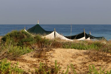 İsrail'in kuzeyinde Akdeniz'in ıssız kıyısında kamp çadırı 