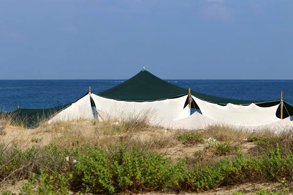 Палатка Кемпинга Пустынном Побережье Средиземного Моря Севере Израиля — стоковое фото