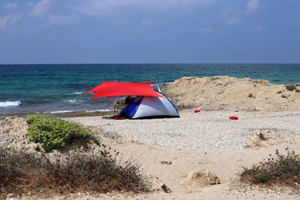 Barraca Acampamento Costa Deserta Mar Mediterrâneo Norte Israel — Fotografia de Stock