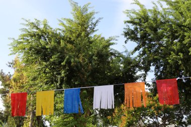 İsrail 'in kuzeyindeki Akdeniz kıyılarında rüzgarda dalgalanan bayrak 