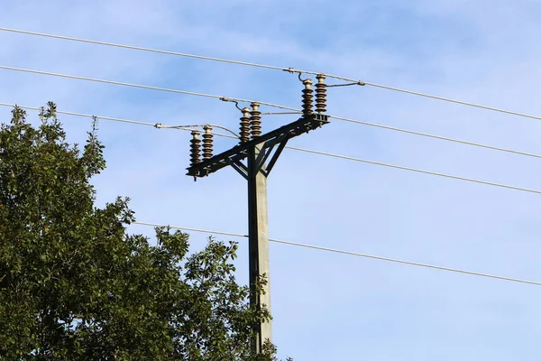 High Metal Support Which Wires Hang Which Electric Current Flows — Stock Photo, Image