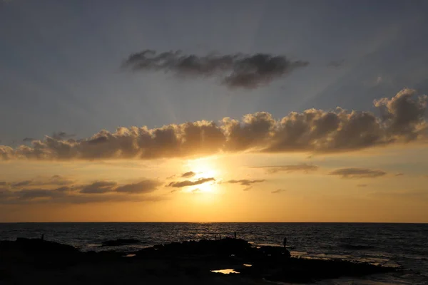 Sun Sets Horizon Mediterranean Sea North Israel Day Ends — Stock Photo, Image
