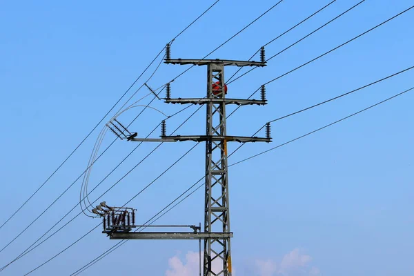 電気が流れる電柱の上の電線 鳥は電線に座っている — ストック写真