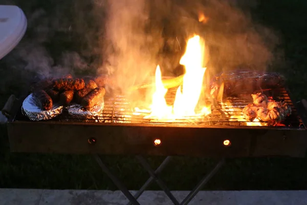 Les Produits Sont Grillés Sur Barbecue Charbon Bois Sur Pique — Photo