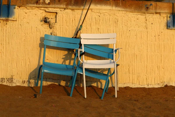 lounge chair in a city park on the shores of the Mediterranean Sea in northern Israel