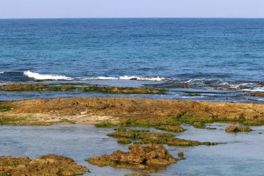 İsrail 'in kuzeyindeki Akdeniz kıyıları. İnsanlar görünür değil, hepsi kendini izole ediyor.. 