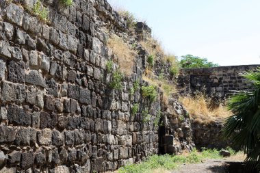 Taş ve betondan yapılmış yüksek duvar. Taş duvar dokusu 