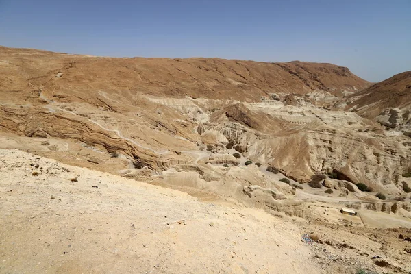 Bergslandskap Den Judiska Öknen Stranden Döda Havet Israel Varm Sommar — Stockfoto