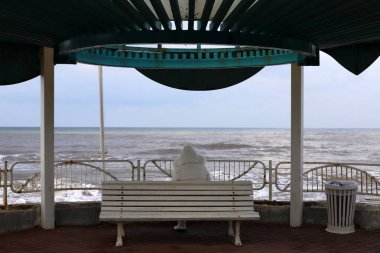 İsrail 'de deniz kenarındaki bir parktaki sıcak güneşten bir gölgelik. İsrail 'de sıcak yaz 