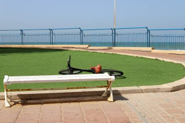 Kuzey İsrail 'de Akdeniz kıyısındaki bir şehir parkında bir turizm bankı duruyor. 