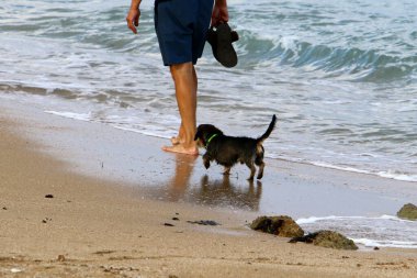 Akdeniz kıyısındaki kumda ayak izleri. Kuzey İsrail 'deki kumlu sahil 