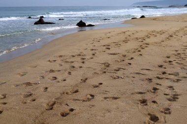 Akdeniz kıyısındaki kumda ayak izleri. Kuzey İsrail 'deki kumlu sahil 