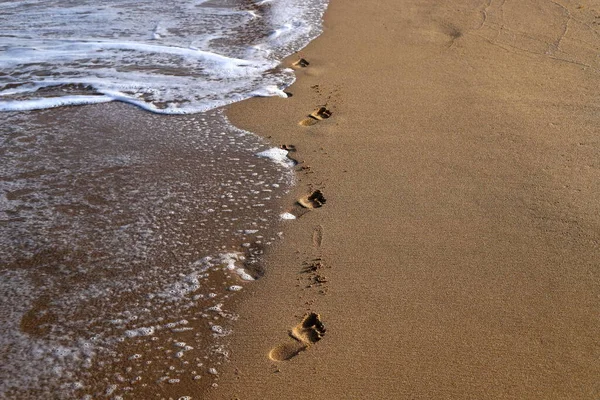 Следы Песке Побережье Средиземного Моря Песчаный Пляж Севере Израиля — стоковое фото