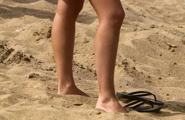 Empreintes Pas Dans Sable Sur Côte Méditerranéenne Plage Sable Dans — Photo