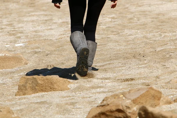 Fußabdrücke Sand Der Mittelmeerküste Sandstrand Norden Israels — Stockfoto