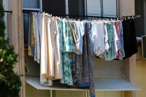 Clothesline Drying Windows Balconies Architectural Details Housing Israel — Stock Photo, Image