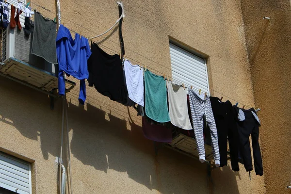 Clothesline Drying Windows Balconies Architectural Details Housing Israel — Stock Photo, Image