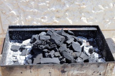 Et ve sebzeler mangalda kızartılır. Deniz kenarındaki ormanda piknik. 