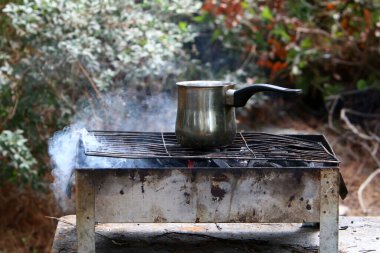 Et ve sebzeler mangalda kızartılır. Deniz kenarındaki ormanda piknik. 