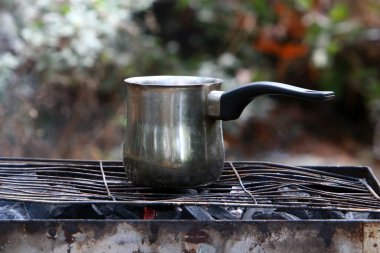 Et ve sebzeler mangalda kızartılır. Deniz kenarındaki ormanda piknik. 