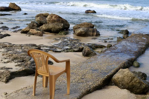 Chair Stands City Beach Mediterranean Coast Northern Israel — Stock Photo, Image