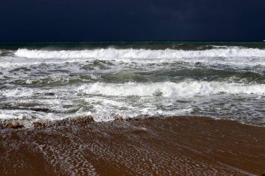Kuzey İsrail 'de Akdeniz kıyısındaki kumsal. Çok sıcak ve kurak yazlar 