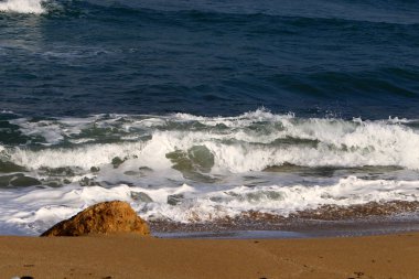 Kuzey İsrail 'de Akdeniz kıyısındaki kumsal. Çok sıcak ve kurak yazlar 